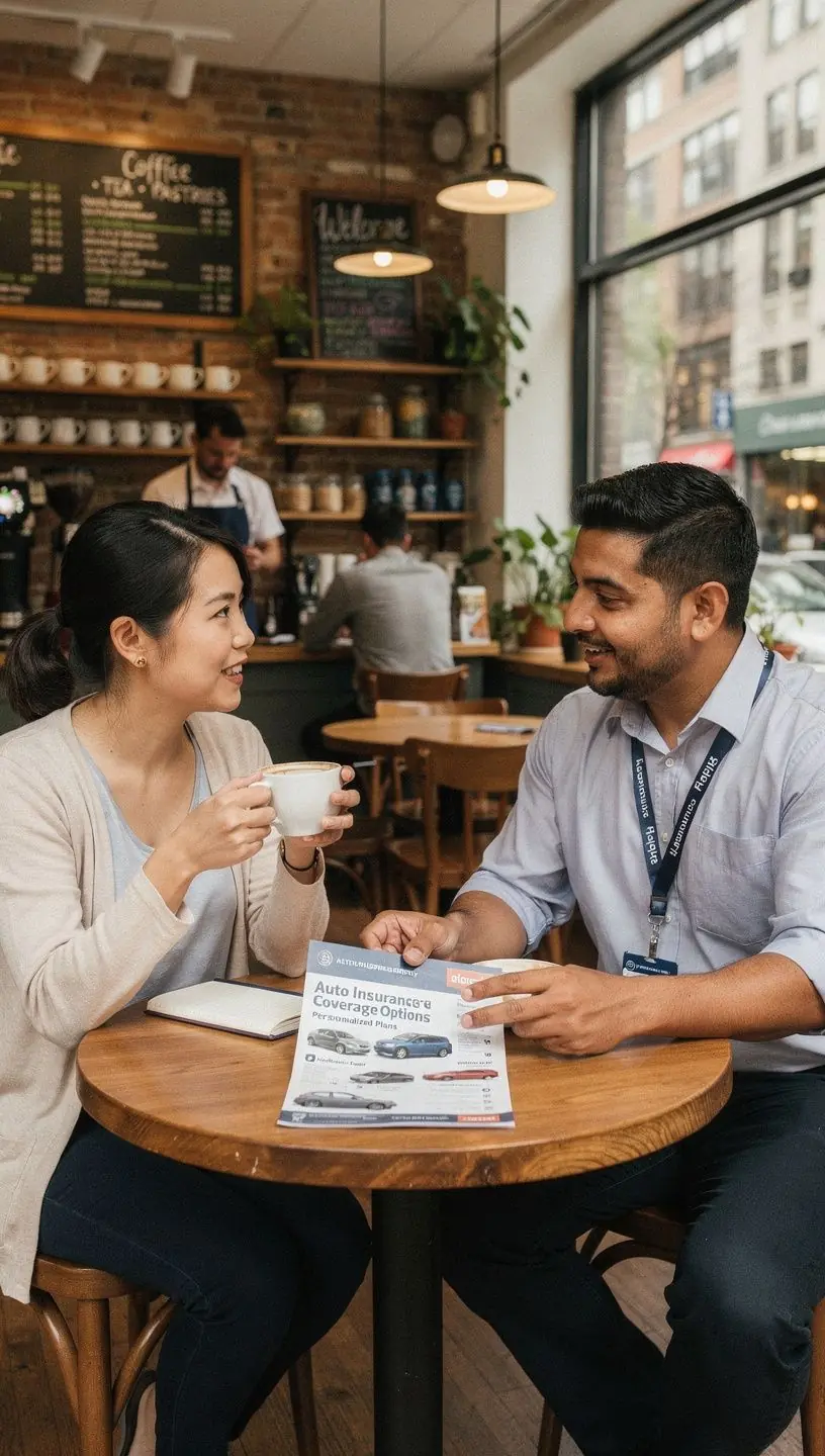 Pracownik biura ubezpieczeniowego przedstawiający informacje o ochronie pojazdu.